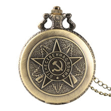 Load image into Gallery viewer, Vintage USSR Soviet Sickle Hammer Style Quartz Pocket Watch Necklace Bronze Pendant Clock CCCP Russia Emblem Communism Top Gifts