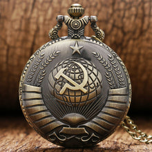 Load image into Gallery viewer, Vintage USSR Soviet Sickle Hammer Style Quartz Pocket Watch Necklace Bronze Pendant Clock CCCP Russia Emblem Communism Top Gifts